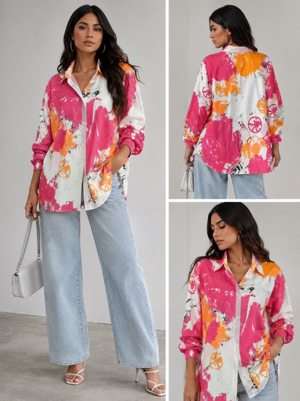 Vibrant Pink & Orange Paint-Splash Button-Up Shirt